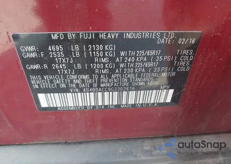 2016 Subaru Outback 2.5I Premium z USA, uszkodzony, nr VIN 4S4BSACC9G3302616